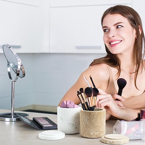 Miniatura 7 de WORHE Travertine Qtip - Dispensador de soporte con tapa para hisopos de algodón, bolas, almohadillas, púas de hilo dental, tarro de boticario de