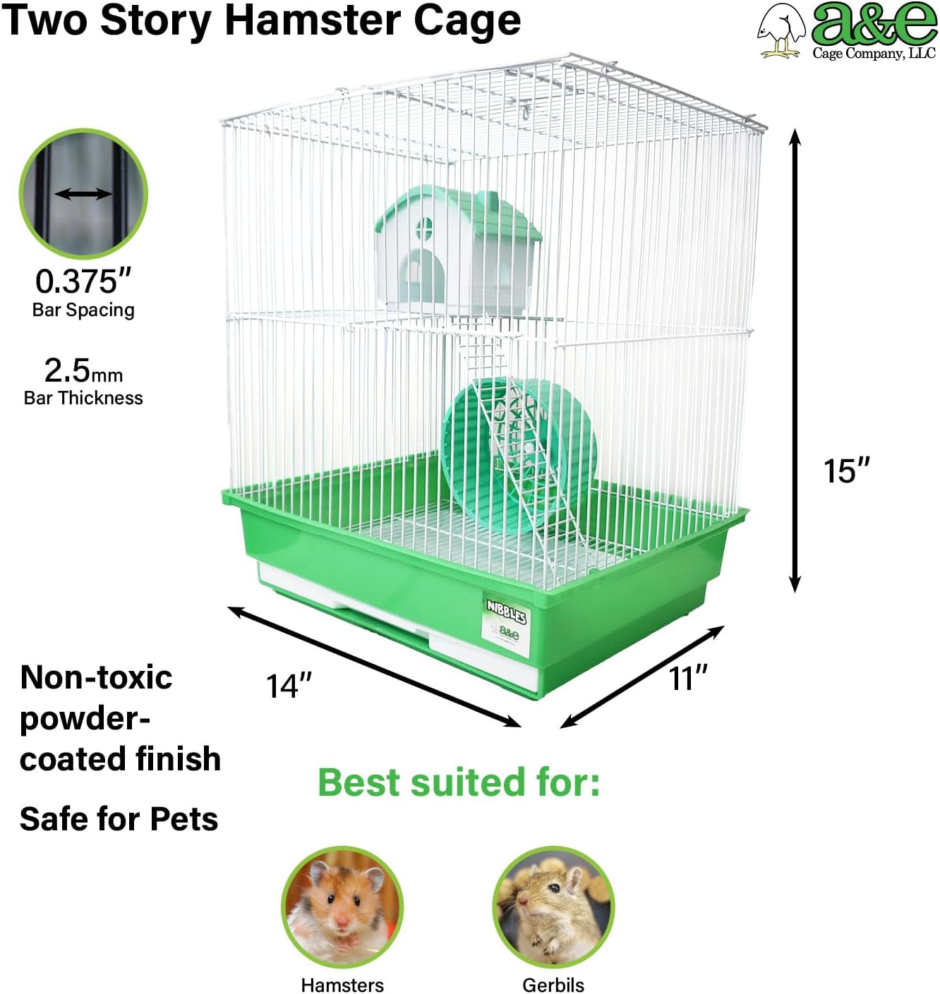 A&E Cage Co HAM007-SP Two Story Hamster Cage – 14" x 11" x 15" Small Animal Habitat with Exercise Wheel & Play House – Hamster, Gerbil & Small Pet Cage with Slide-Out Tray (Green & White)