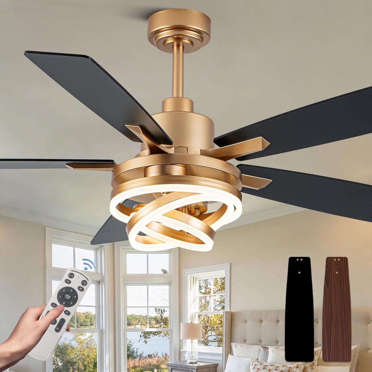 52" Ceiling Fan with Light Gold Chandelier Fan DC Motor Dimmable LED Modern Ceiling Fan with Light for Bedroom Living Room
