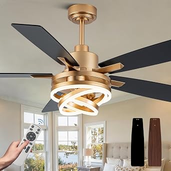 52" Black and Gold Ceiling Fans with Lights Modern Chandelier Fan