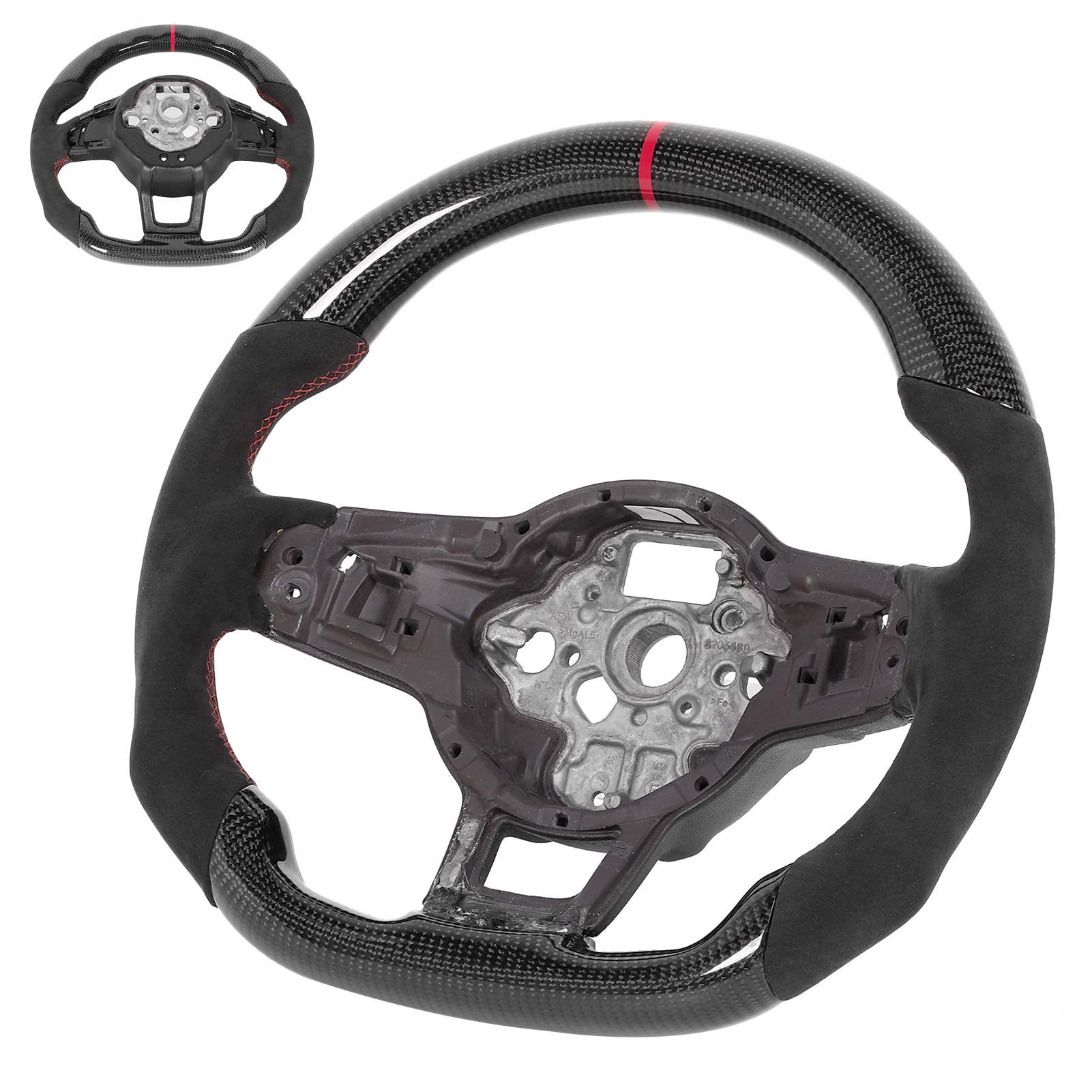 Płaska Dolna Kierownica z Włókna Węglowego z Czerwonymi Przeszyciami do Mk7/Mk7.5 GTD/R 2013-2020 - Projekt Wyścigowy do Pojazdów z ręczną/automatyczną skrzynią Biegów
