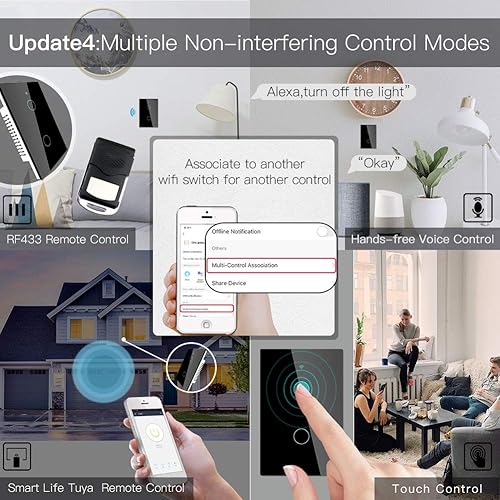 Miniatura 5 de MoesGo Interruptor inteligente WiFi RF433 de 2 generación de pared táctil inteligente, no necesita cable neutro, compatible con Smart LifeTuya App,