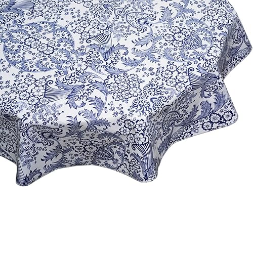 Round Freckled Sage Oilcloth Tablecloth In Toile Blue (120") #TOP1