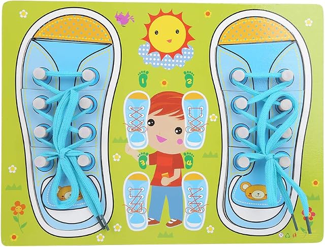 Smooth Tying Shoelaces Teaching Aids, Threading Teaching Lacing Shoe Toy, for Baby Kids(QZM-Blue-Green Laces)
