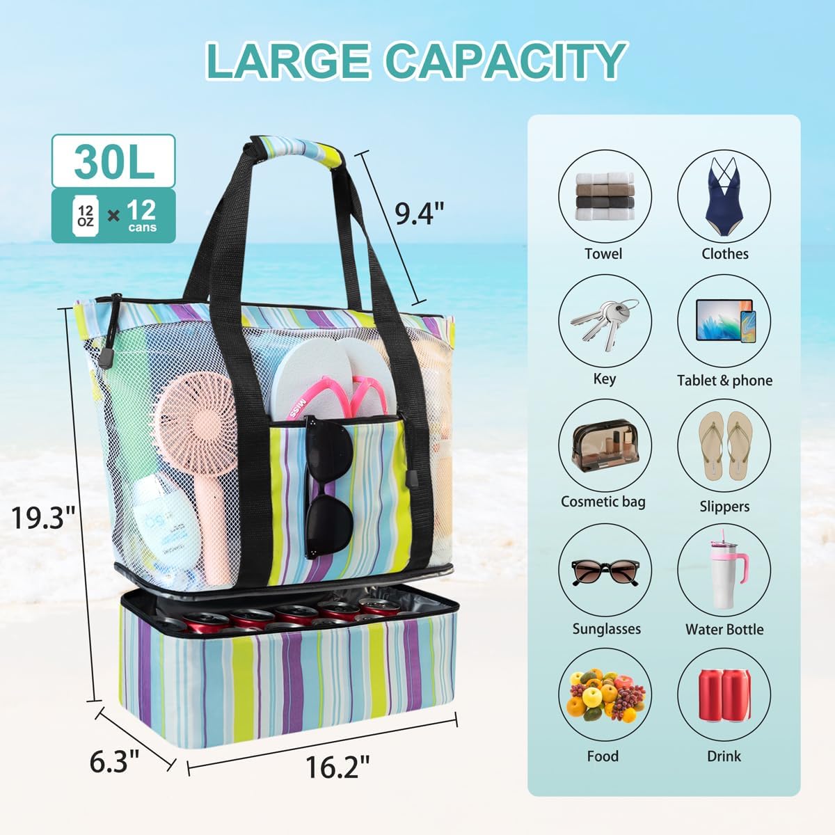 ASL Mesh Beach Bag with Cooler Compartment for Women, 2-in-1 Print Travel Tote 30L with Zipper and Pockets, Pool Picnic - Image 3