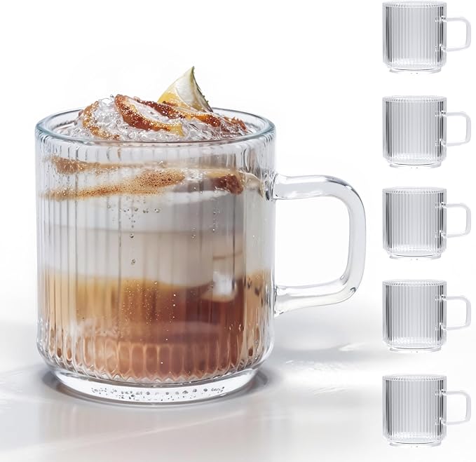 Coffee Mugs Set of 6,12 OZ Glass Coffee Mugs with Handles,Glass Coffee Cups for Hot/Cold,Clear Coffee mug for Latte, Cappuccino