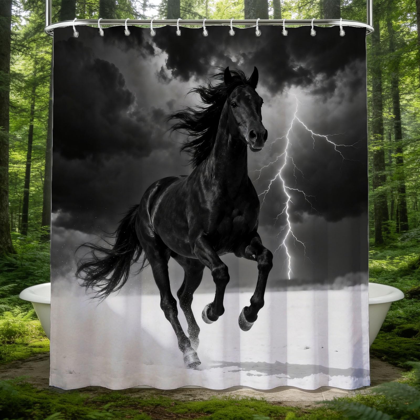 Hongduo 3D Black Horse Shower Curtain for Stalls Bathtubs Black Snowy Printed Bathroom Decor Shower Curtain Set Polyester Fabric Waterproof 180x200cm/71X79 Inch with Hooks