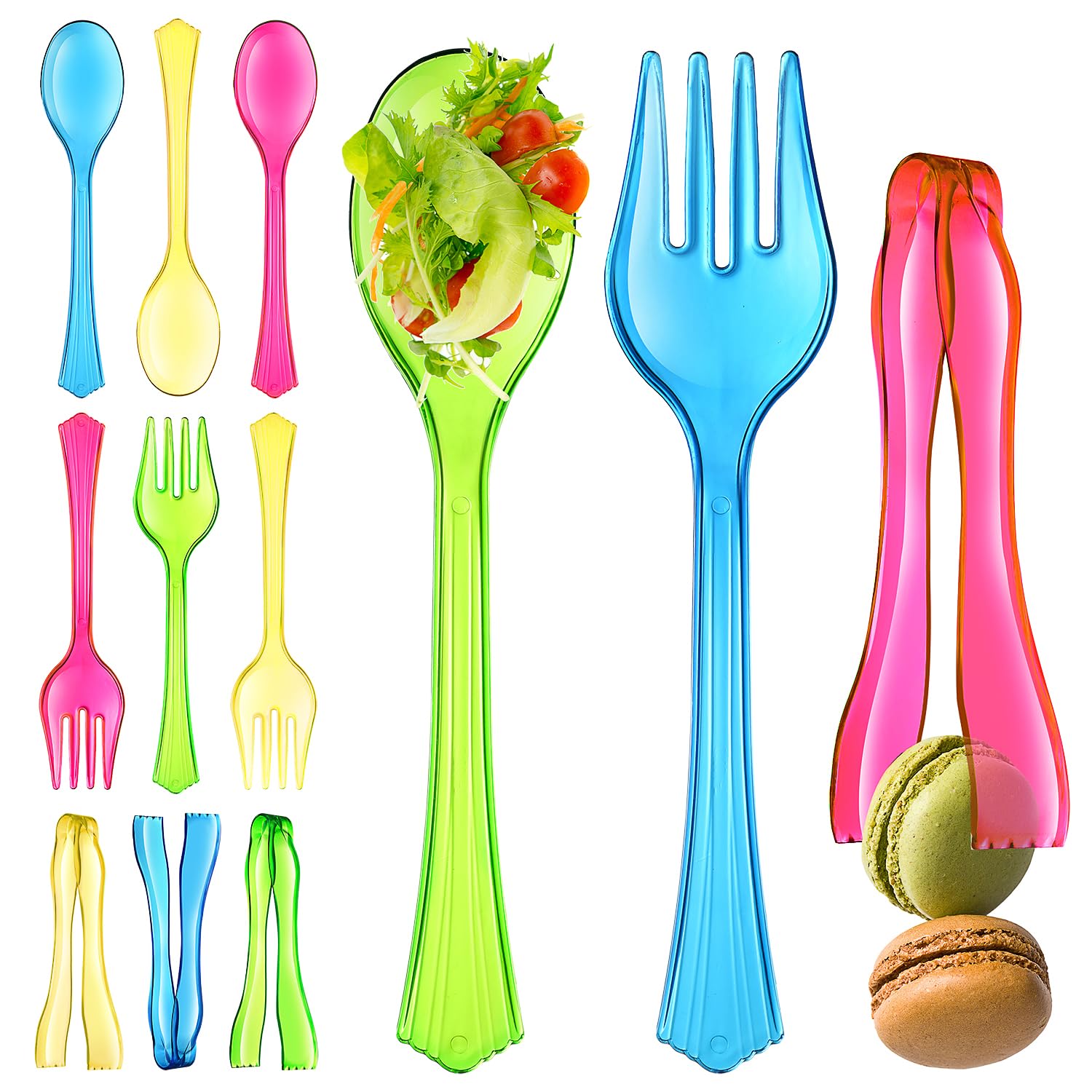 StarMar Disposable Serving Utensils, Neon 12 Pack, Four 10” Plastic Serving Spoons and Forks, Four 6-1/2” Plastic Serving Tongs, Plastic Serving Utensils for Buffet and Partys