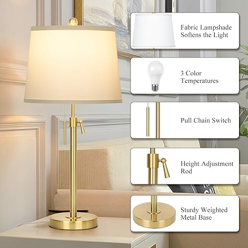 Miniatura 4 de 2 Pack 22"-30" Adjustable Height Table Lamps Set, Modern Gold Table Lamps with White Shade 3 Colour Temperature Pull Chain Tall Lamps for Living