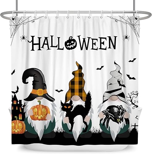 Miniatura 4 de DASHAN Cortina de ducha de gnomos de Halloween, cortinas de ducha espeluznantes de calabaza y gatos, cortinas de baño para baño, murciélagos negros