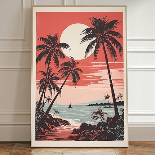 Arte de pared vintage de paisaje marino retro, póster de playa con imagen de palmera, lienzo de árbol tropical, arte de pared, arte de océano,