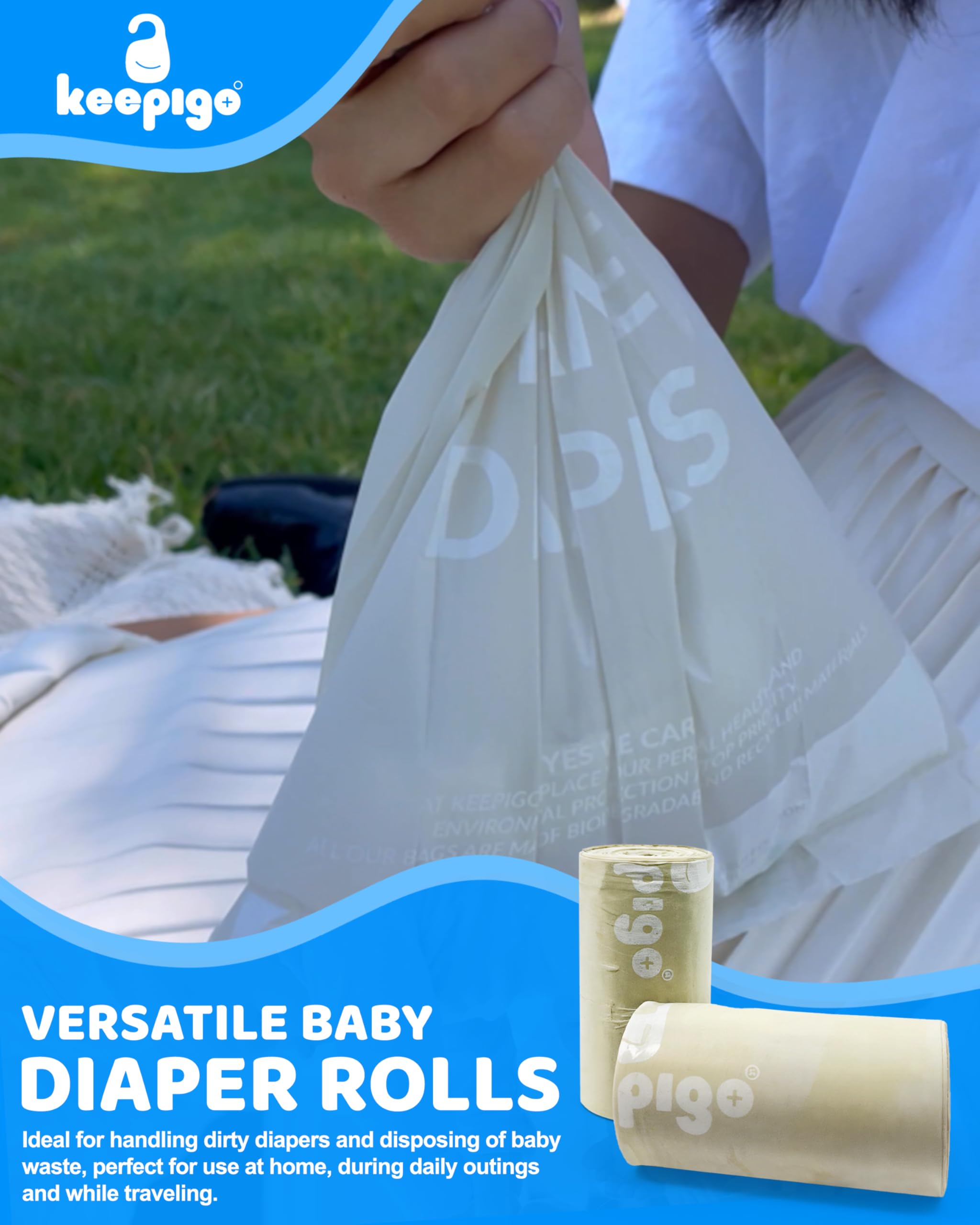 Keepigo Compostable Disposable Diaper Bags | 6 Rolls, 72 Leak-Proof, Biodegradable Baby Poop Bags | Eco-Friendly Diaper Trash Bags for Home, Travel & Pet Waste | Odor-Free Baby Essentials for Newborns