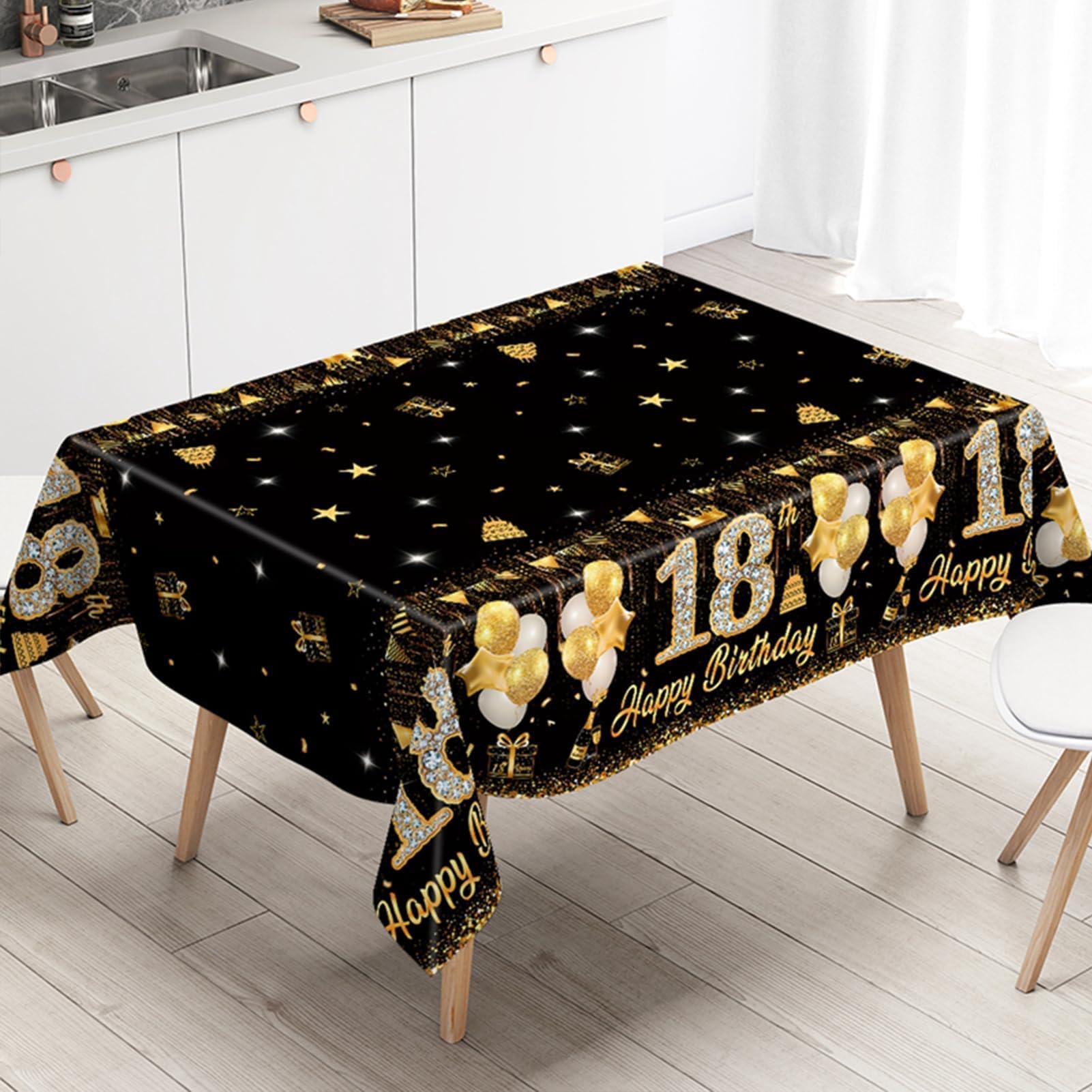 Tovaglia di Compleanno Oro Nero, 200x130cm, Tovaglia Happy 18th Birthday, Auguri di Compleanno 18. Tovaglia, Decorazione 18. Compleanno, Decorazione da Tavolo per Festa di Compleanno per Ragazze e