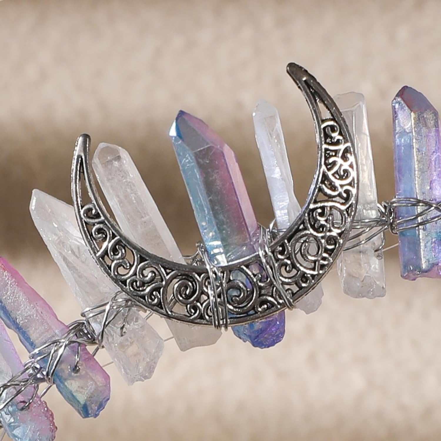 White Purple Crystal Witch Crown - Fantasy Quartz Moon Princess Headband, Gothic Fairy Queen Tiaras for Wedding Prom Quinceañera Pageant Halloween Renaissance Headwear for Women - Image 5