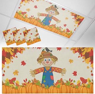Fall Straw Man Fluorescent Light Covers for Ceiling Lights 4x2 Ft, Thanksgiving Pumpkins Autumn Leaf Vintage Magnetic Decorative Light Filters for Classroom Office Home School Drop Ceiling 3 Packs