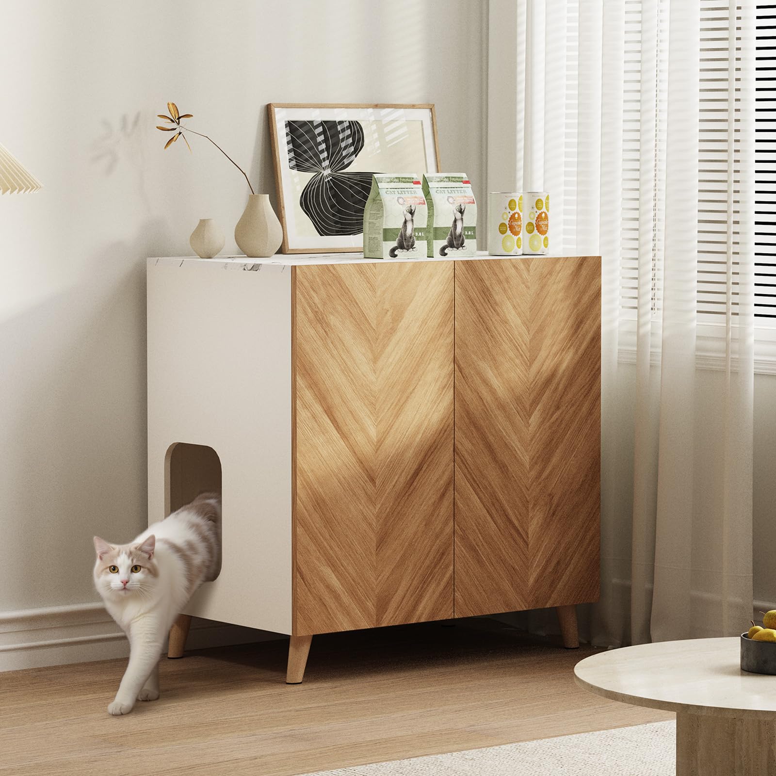 Mueble para Arenero de Gato, Mueble de Baño para Gatos con Puerta Doble y Agujeros de Ventilación, Casa para Gatos con Patrón Espina de Pescado, Armario para Esconder la Arena, Blanco