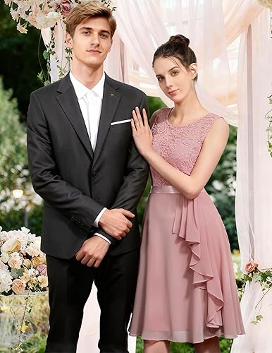 Miniatura 5 de BeryLove - Vestidos de cóctel para mujer, vestido corto de dama de honor, dobladillo con volantes, sin mangas, vestido formal de encaje