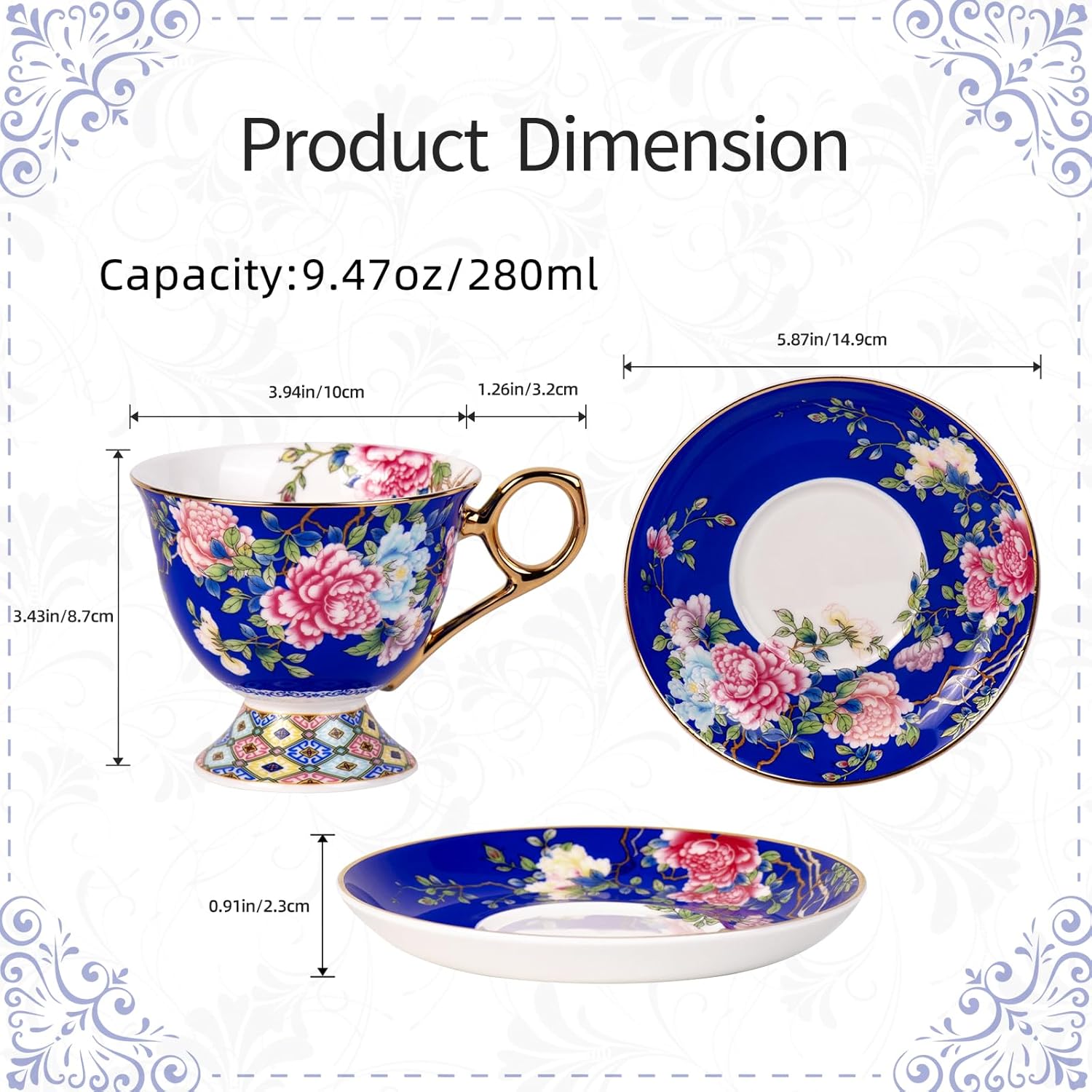 KAMMAK Tea Cups and Saucers Set of 2, Porcelain Coffee Cups, 9.8oz Stackable Espresso Mugs, Ceramic Demitasse for Coffee, Latte, Americano, Tea (635N+636N)