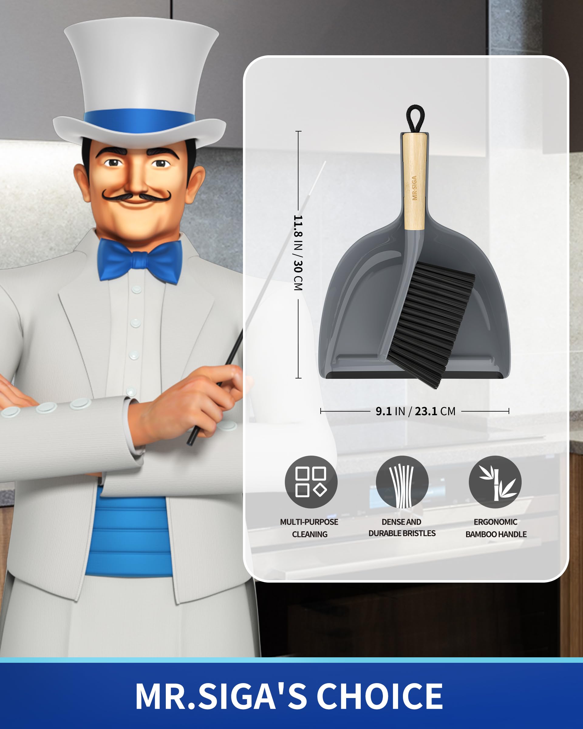 MR.SIGA Juego de Recogedor y Cepillo, Combo de Cepillo y Recogedor Portátil con Mango de Bambú, Gris, 1 Juego