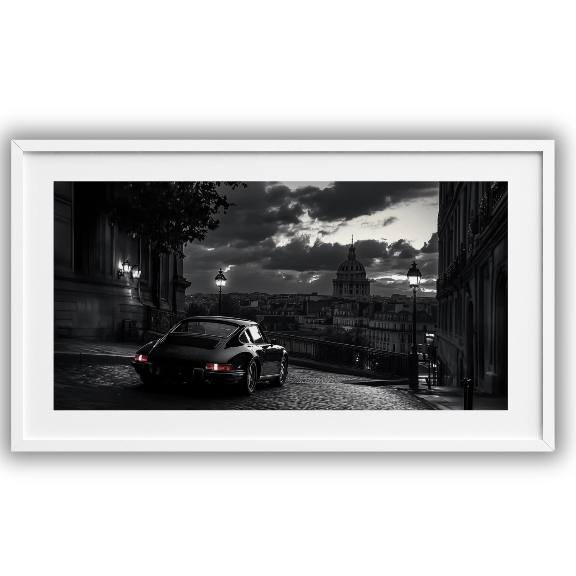 MJ-GRAPHICS® Poster Porsche Bild Auto 90x45cm – Oldtimer Poster 911 Stadtblick Abendlicht schwarz-weiß Wandbild Kunstdruck Männerzimmer Wohnzimmer Büro Vintage OHNE RAHMEN