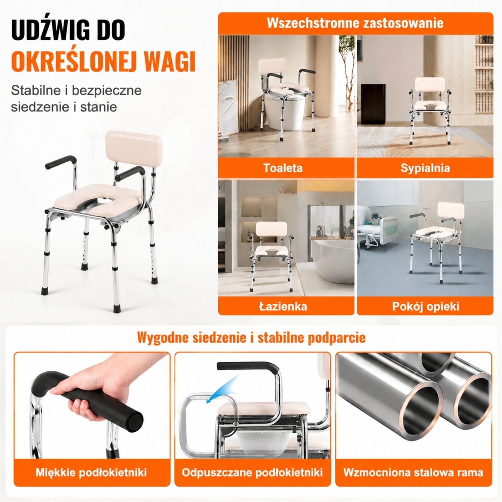 Krzesło toaletowe z wyściełanym siedziskiem, składanymi podłokietnikami i wyjmowanym wiadrem do łazienki oraz sypialni