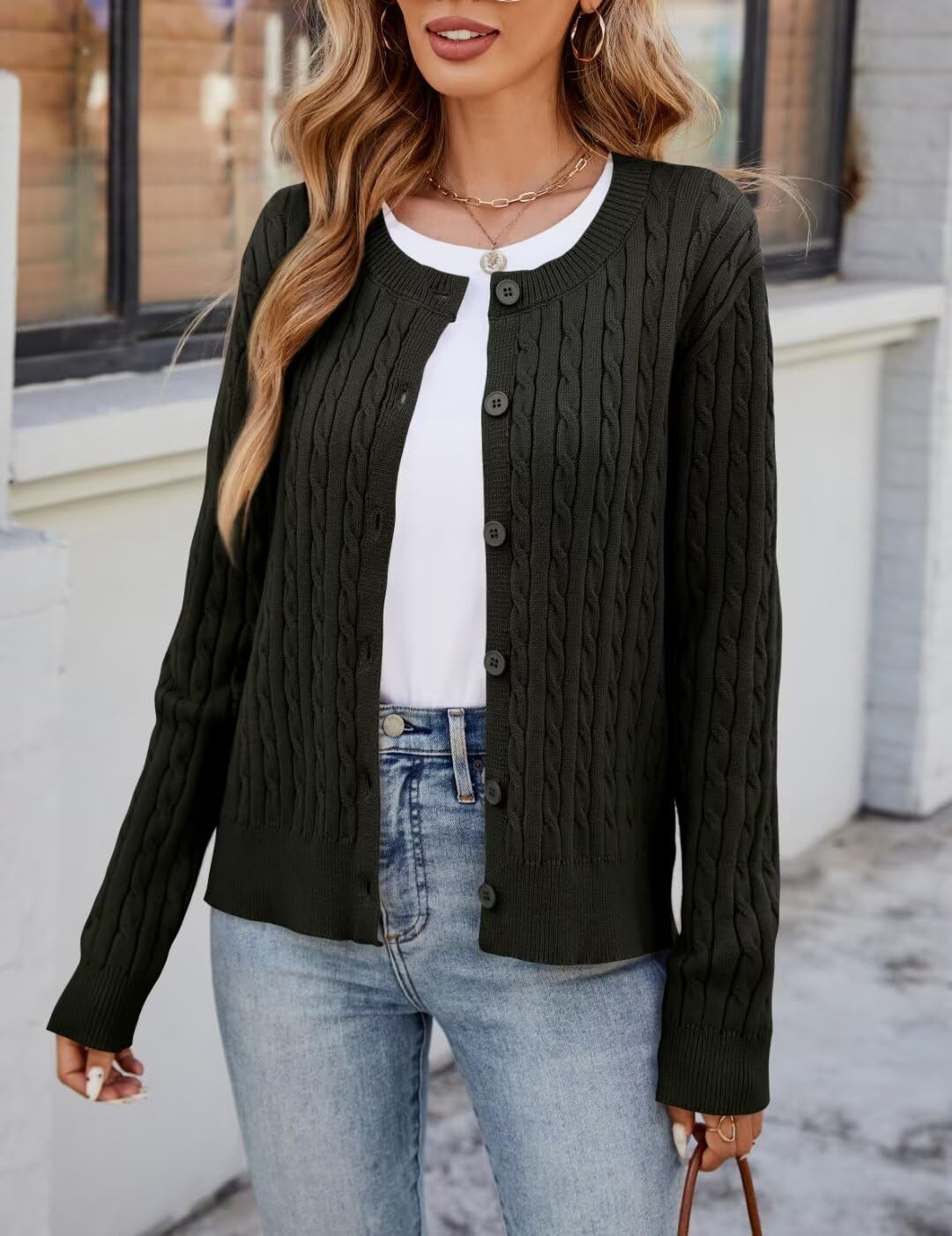 LEEDYA Women's Long Sleeve Cardigan Open Front Knit Cropped Sweaters Fall Color Block Button Down V Neck Lightweight Tops - Image 3