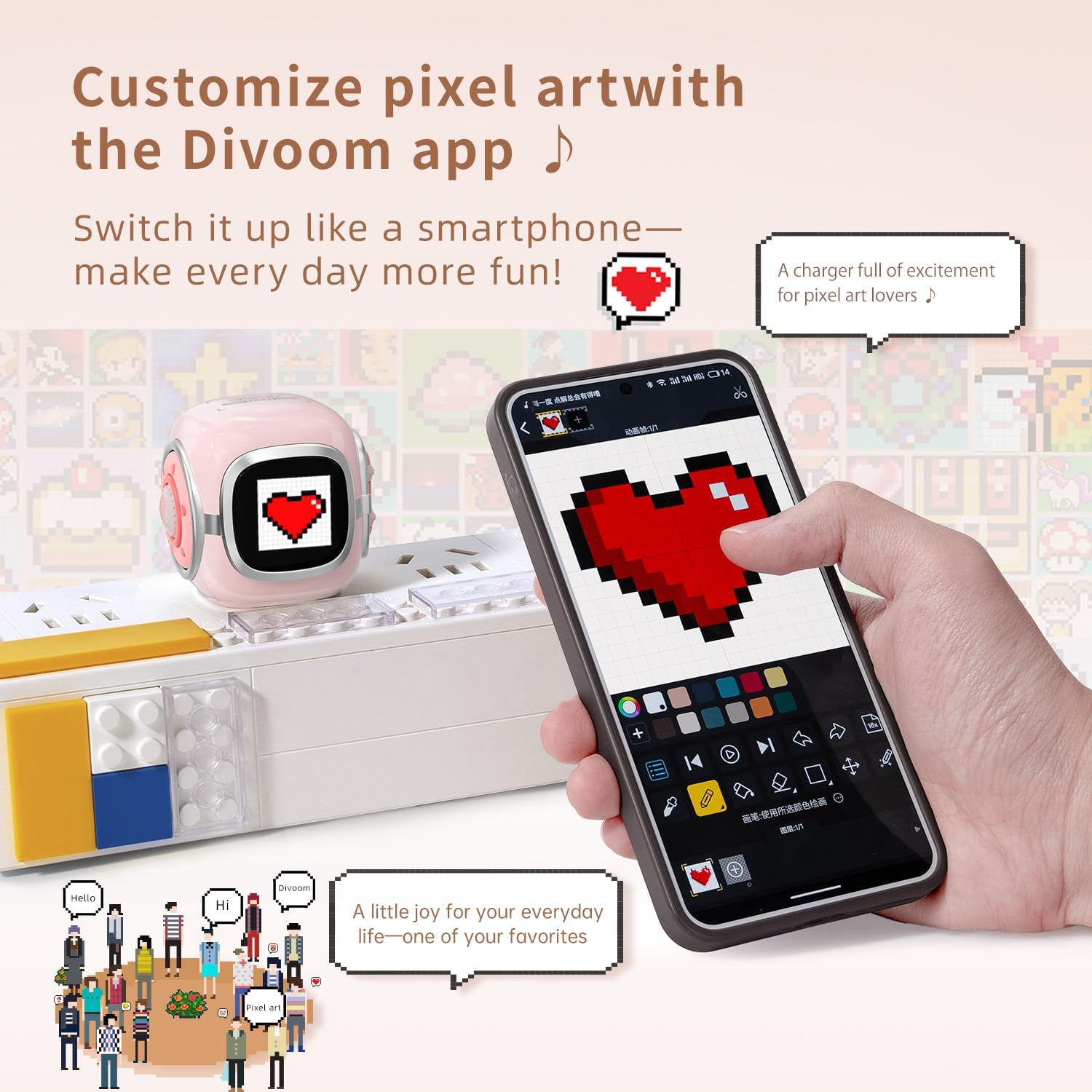 Divoom Dipow charger displaying pixel art, with a smartphone showing the Divoom app for customization
