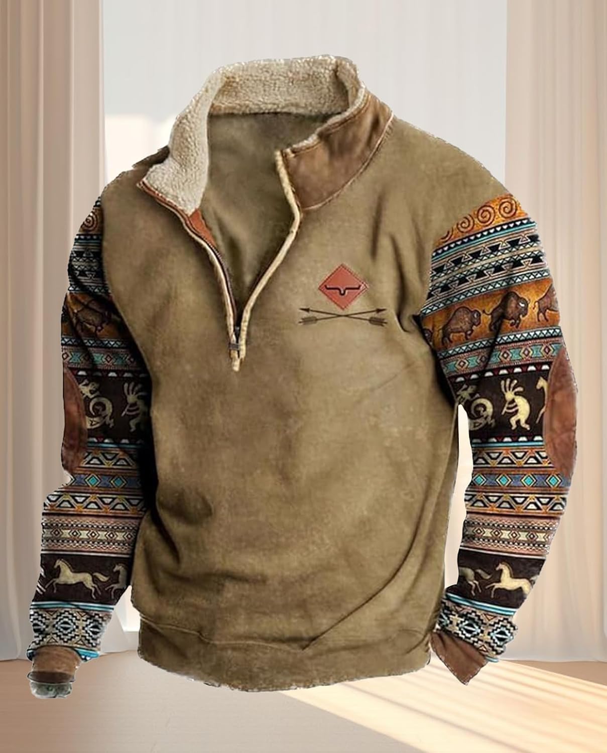 Western Sweatshirts for Men Aztec Ethnic Print Quarter Zip Pullover Fleece Hoodies Casual Stand Collar Sweatshirt - Image 2
