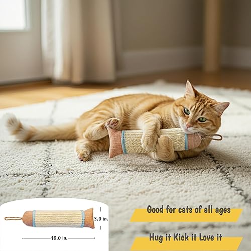 Miniatura 4 de Juguete interactivo para gatos, poste rascador de gato de 10 pulgadas de largo, juguete de sisal natural para gatos de interior (rosa y azul)