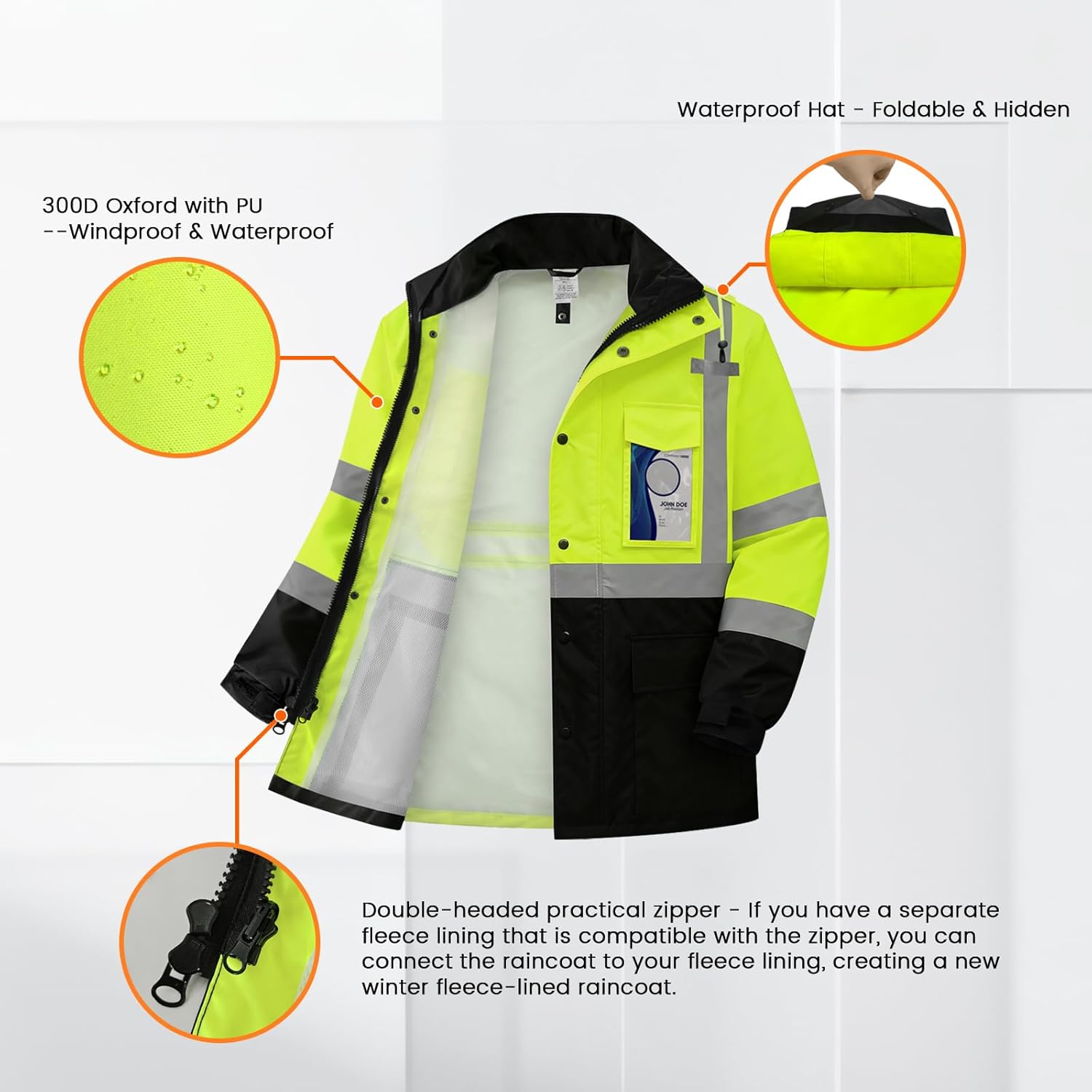 TCCFCCT Hi Vis Rain Jacket for Men without Liner Waterproof Reflective Safety Rain Gear for Work Safety, Breathable High Visibility Raincoats for Men Black Bottom, 15RD-Yellow XL - Image 4