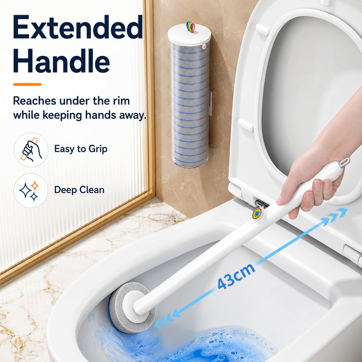 Disposable Toilet Brush with 48 Refills and Replaceable Scrubber Heads | Toilet Bowl Cleaner Wand and Wall-Mounted Holder, Space Saving Bathroom Cleaning System for Home, Apartment and RV