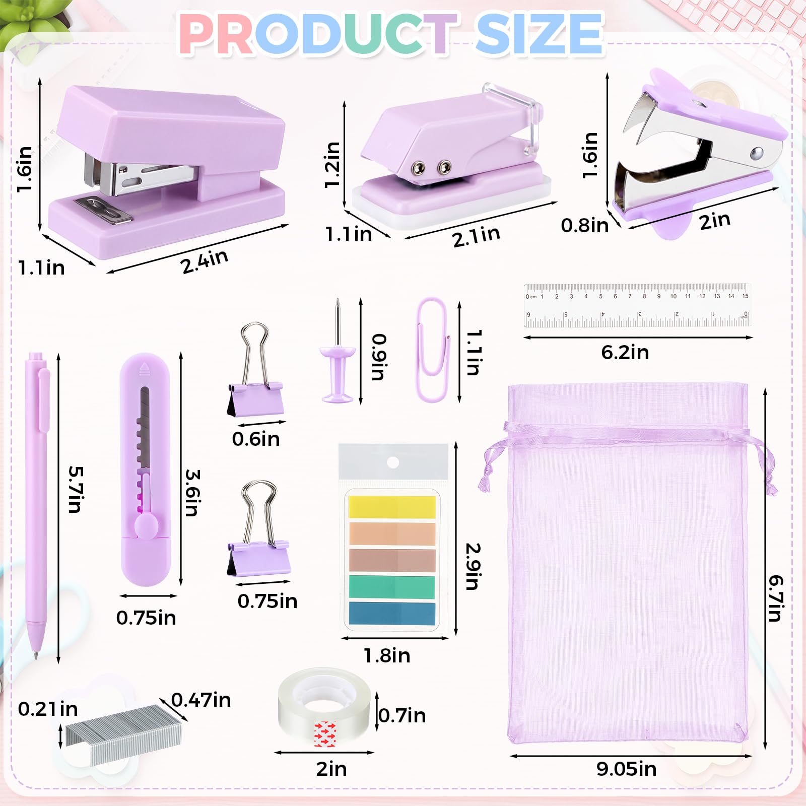 Dunzoom Lot de 56 mini fournitures de bureau pastel prêtes à offrir avec sacs individuels en organza, mini agrafeuse, perforatrice, ruban adhésif, stylos, pinces pour enseignants, collègues