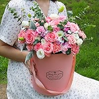 Vista 3 de BBJ WRAPS Caja de embalaje de flores de cilindro de cartón de lujo Floristería Cajas de regalo redondas con tapas para flores Set3 (SML) (rosa)