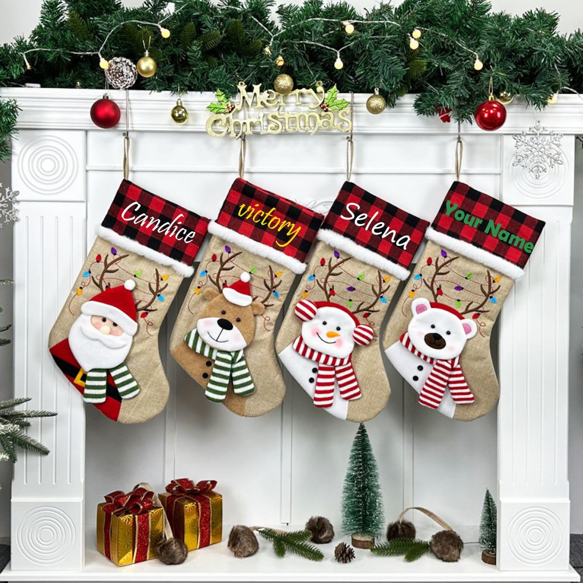 Christmas Stockings Personalized with Name Custom Christmas Family Santa Stocking Customized Xmas Stocking for Fireplace Handrail Holiday Christmas Decoration Presents for Kids