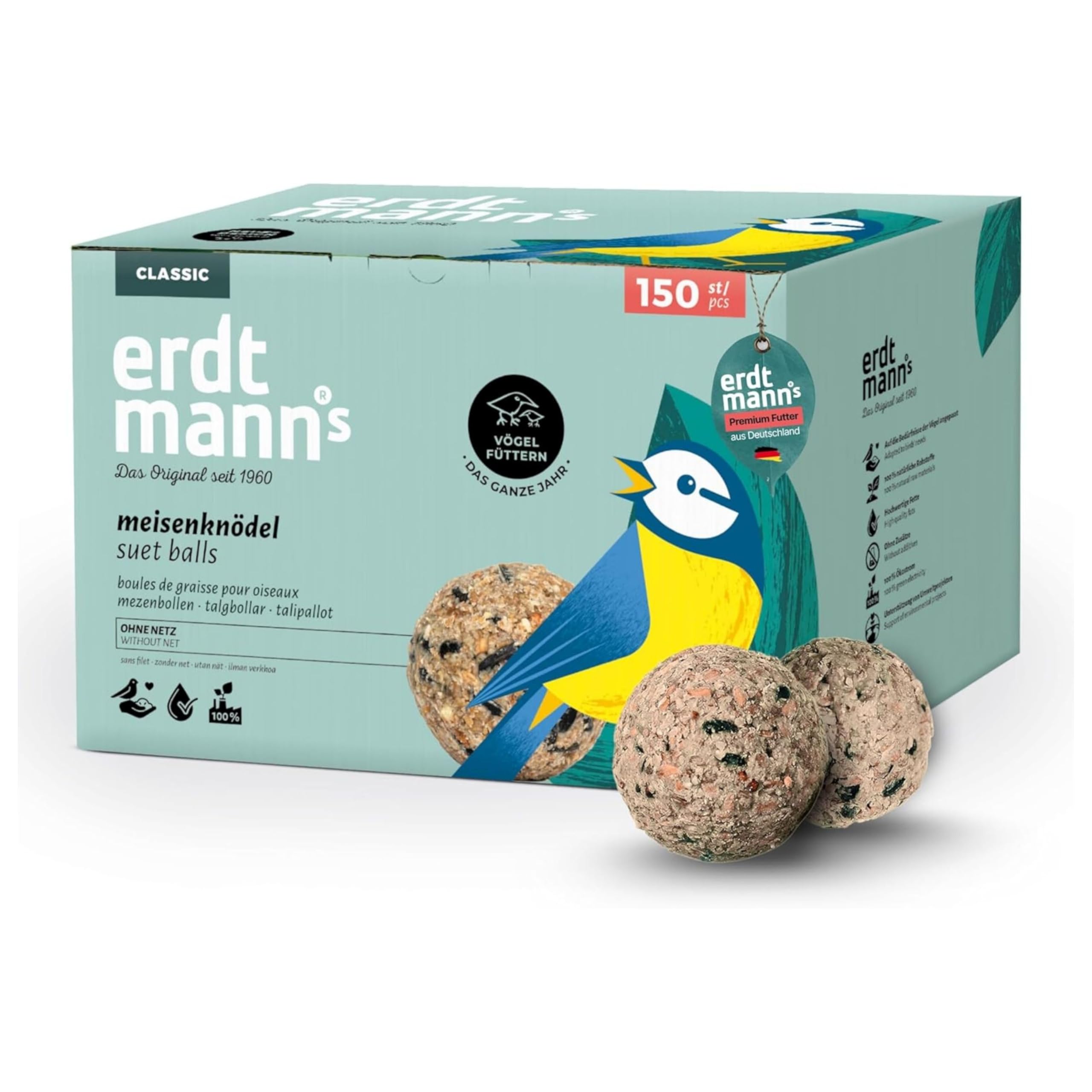 Erdtmanns Meisenknödel ohne Netz 150 Stück (13,2 kg Netto) – Wildvogelfutter im Karton – Umweltfreundliche Knödel - ganzjährige Fütterung – Meisen, Finken & Singvögel