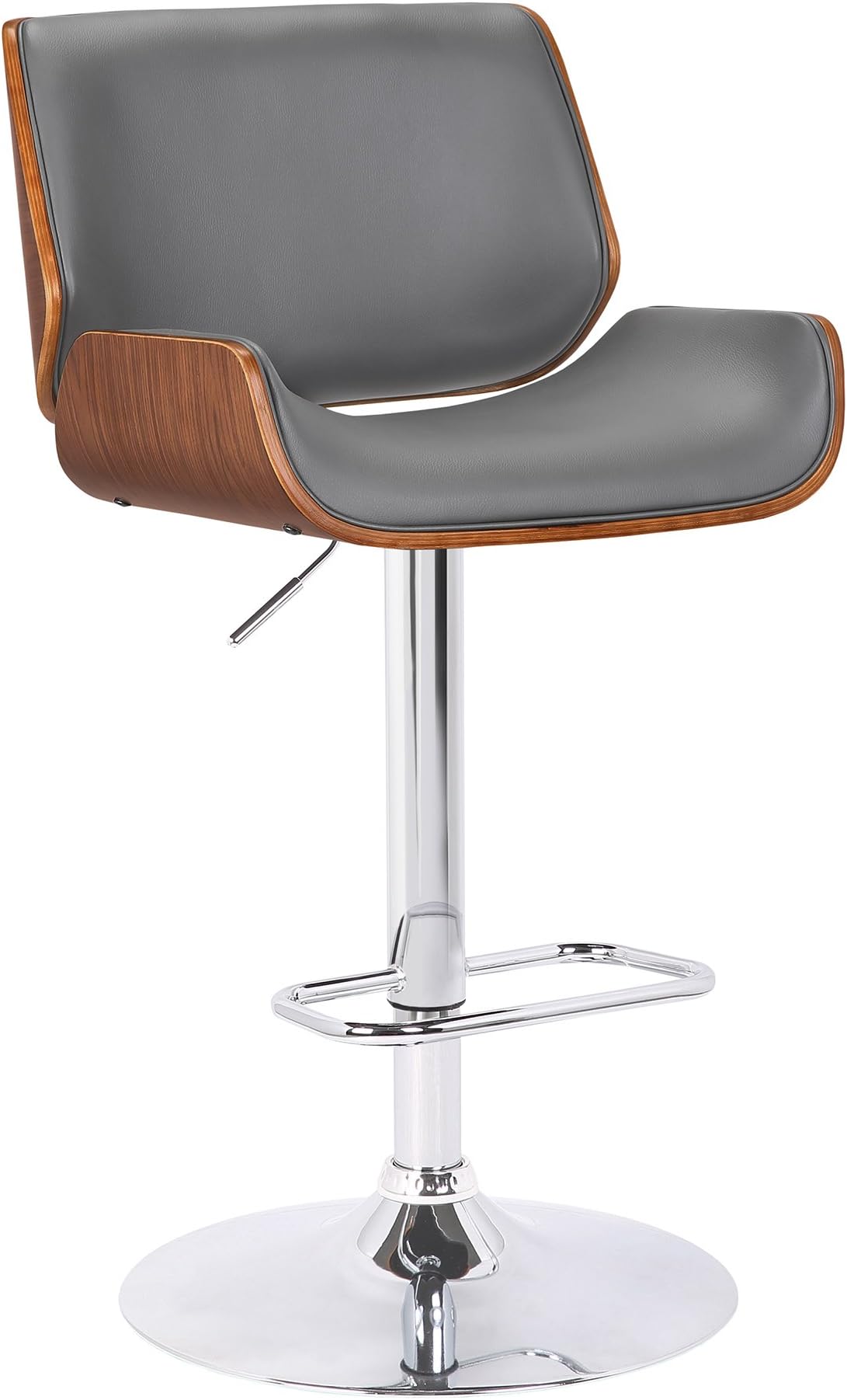 London Modern Adjustable Height Swivel Gray Faux Leather and Walnut Wood Bar Stool with Chrome Base for Kitchen Island Counter