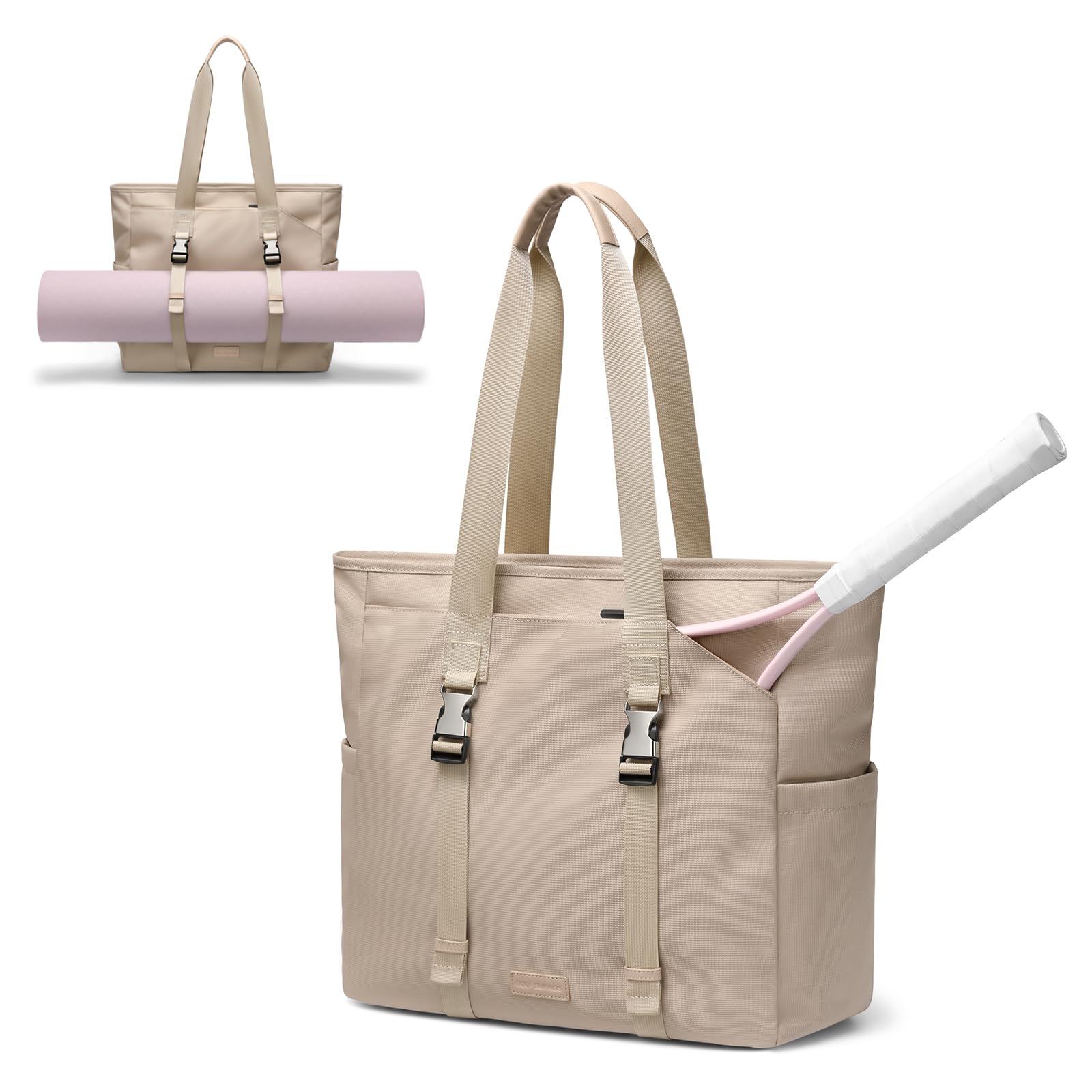 Bolsa de Tenis para Mujer, Bolsa de Transporte con Bolsillo Húmedo, Bolso de Mano para Esterilla de Yoga, Bolsa Tote Multifuncional de 14 Pulgadas, para Viajes, Fitness, Yoga, Tenis y Oficina