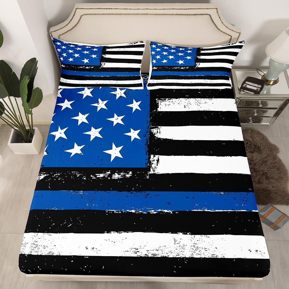 Erosebridal American Flag Bed Sheets Full Size Black and White Fitted Sheet Fourth of July Independence Day Theme Decor USA Sheet Set Retro Blue Stars and Stripes USA Flag Bed Cover