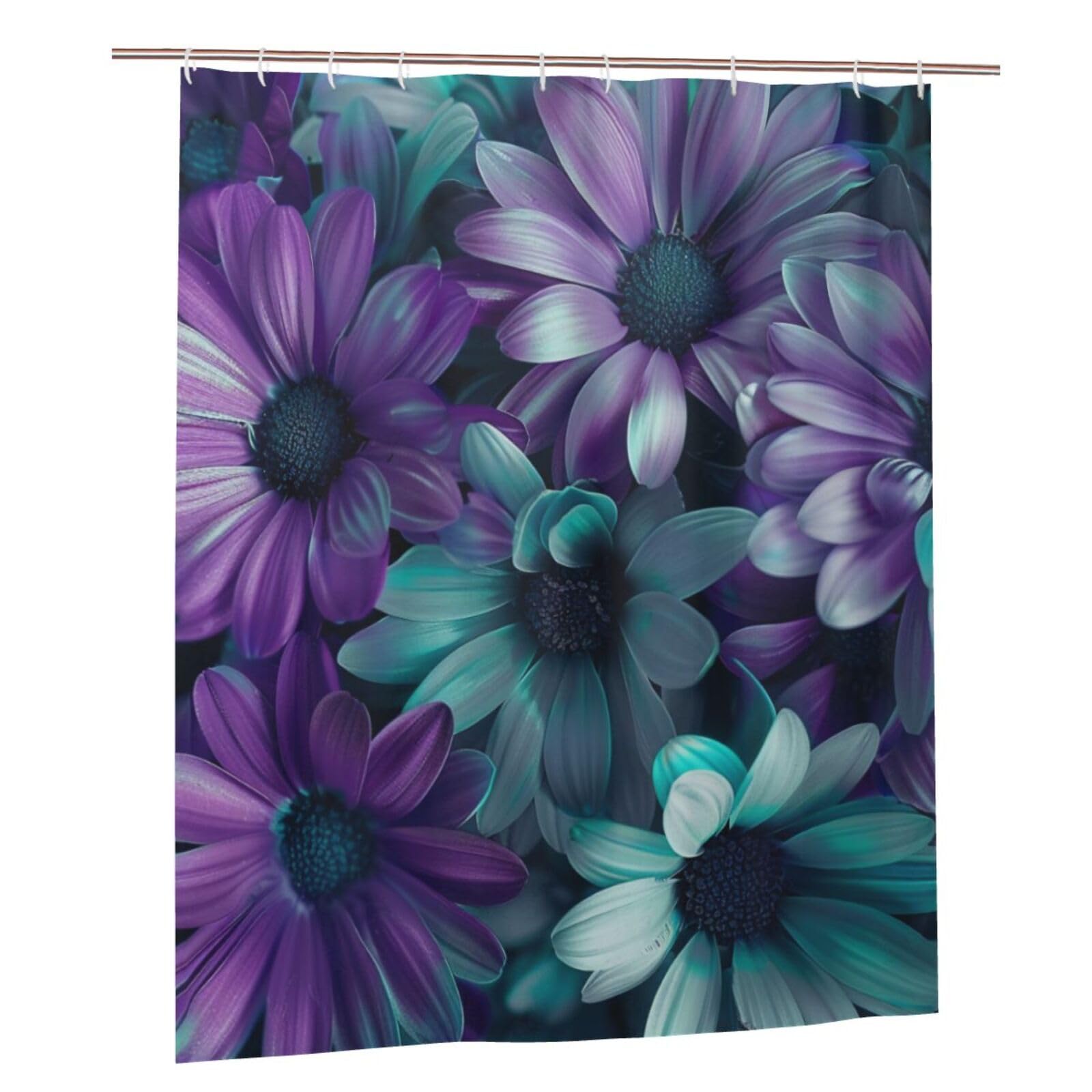 BWWHCCTI purple and teal flowers Printed Shower Curtain With 12 Plastic Hooks Opaque Quick Drying Waterproof Shower Curtains Sets For Bathroom 152x183 Cm