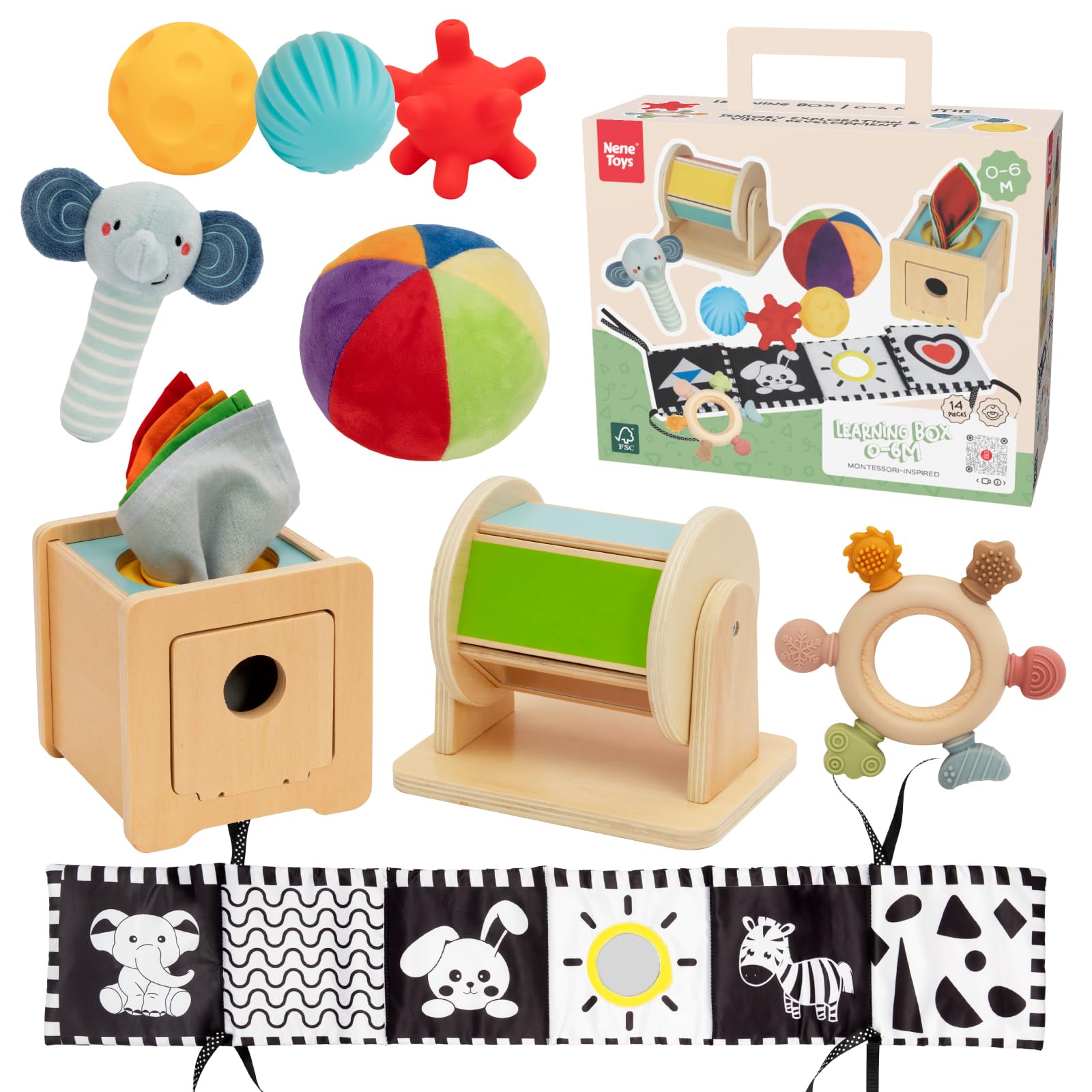 Nene Toys Jouet Montessori Bébé 0–6 Mois – Coffret Sensoriel 7-en-1 en Bois avec Livre Noir & Blanc, Boîte à Mouchoirs, Tambour Rotatif, Balles, Anneau de Dentition & Hochet – Cadeau Naissance