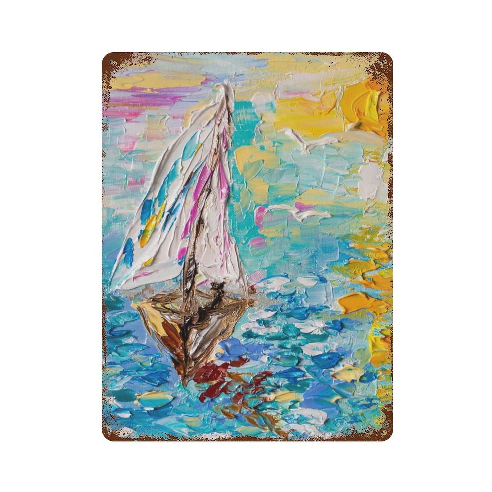 Sailing at Sunset 15.7"x11.8" Vintage Rust Metal Sign, Decorative Metal Wall Art for Bistro, Counter And Cafe Decor