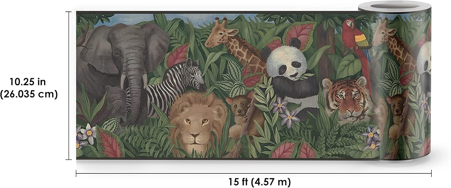 Elephant Lion Giraffe Zebra Panda Tiger in Forest Wallpaper Border Realistic Design, Roll 15' x 10.25''