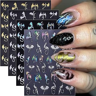 6 Sheets Gothic Nail Stickers 3D Self-Adhesive Halloween Bat Nail Art Stickers Laser Silver Gold Flying Dragon Design Holiday Nail Art Supplies Dragon Nail Decals for Women Manicure Decorations