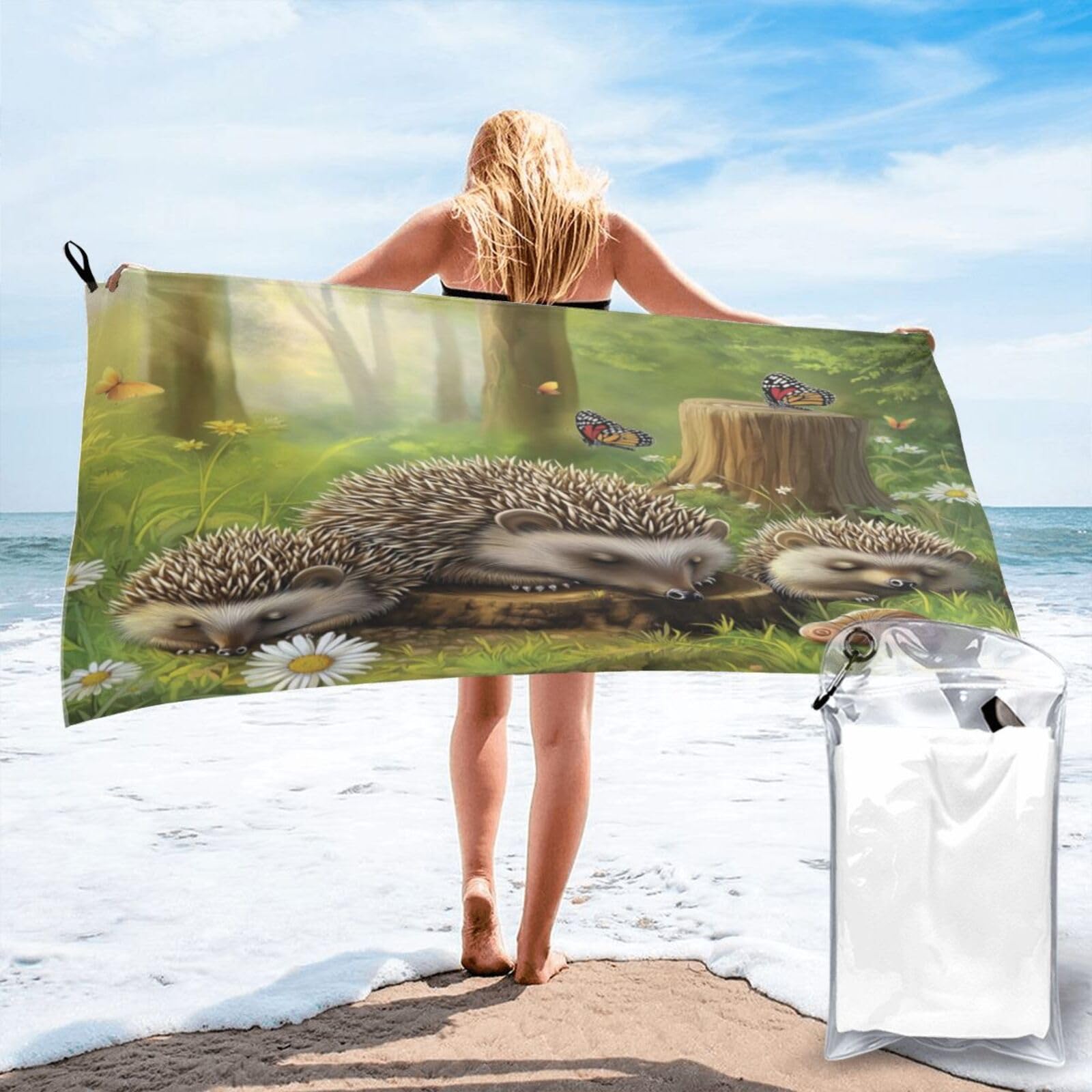 Anceky Digital Painting of Sleeping Hedgehogs Quick Dry Microfiber Travel Towel with Carry Case and Carabiner 31.5"X63"