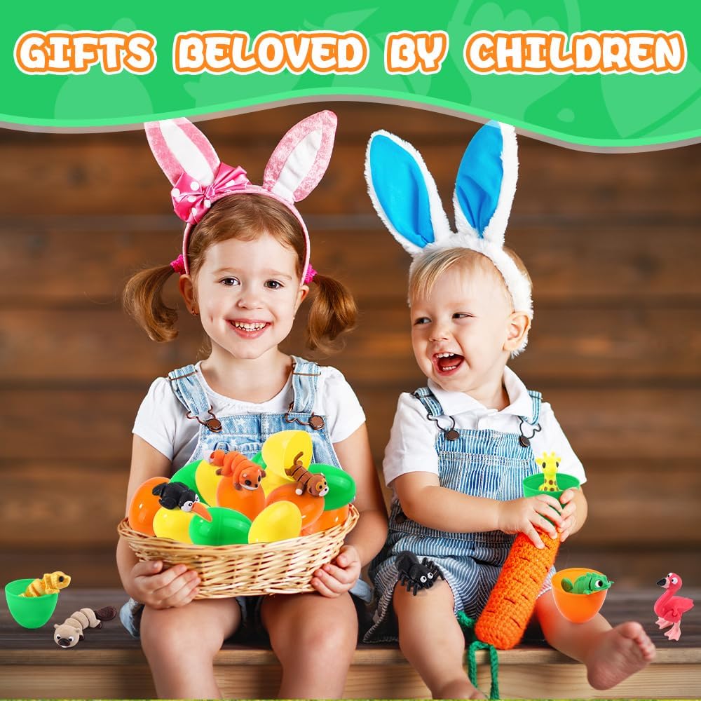 JOICEE 24 PCS Prefilled Easter Eggs with 3D Printed Animal, Jungle Forest Animal Figurines Flexible Articulated Fidget Toys Set for Kids Easter Egg Hunt Basket Stuffers Party Favors