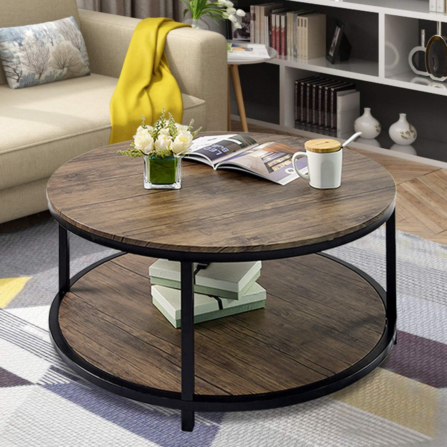 NSdirect 36 inches Round Coffee Table, Rustic Wooden Surface Top & Sturdy Metal Legs Industrial Sofa Table for Living Room Modern Design Home Furniture with Storage Open Shelf (Light Walunt) : Home & Kitchen