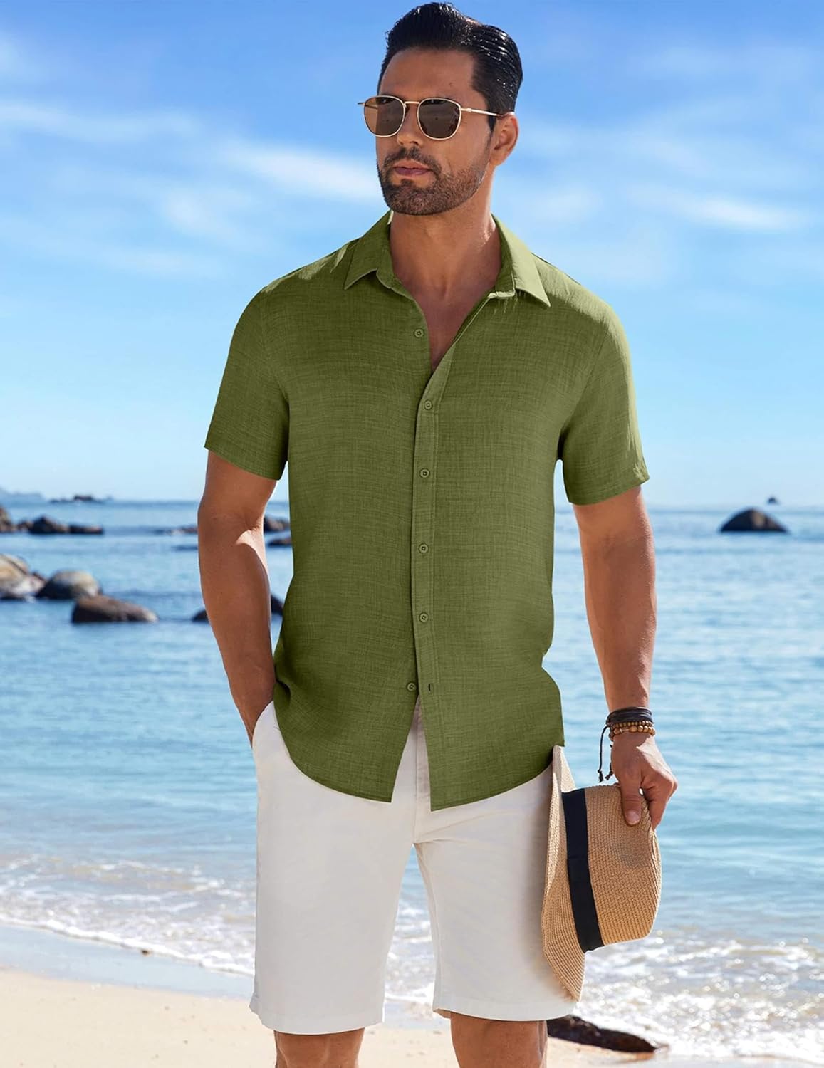 COOFANDY Men's Casual Button Down Shirts Short Sleeve Textured Summer Beach Shirt - Image 2