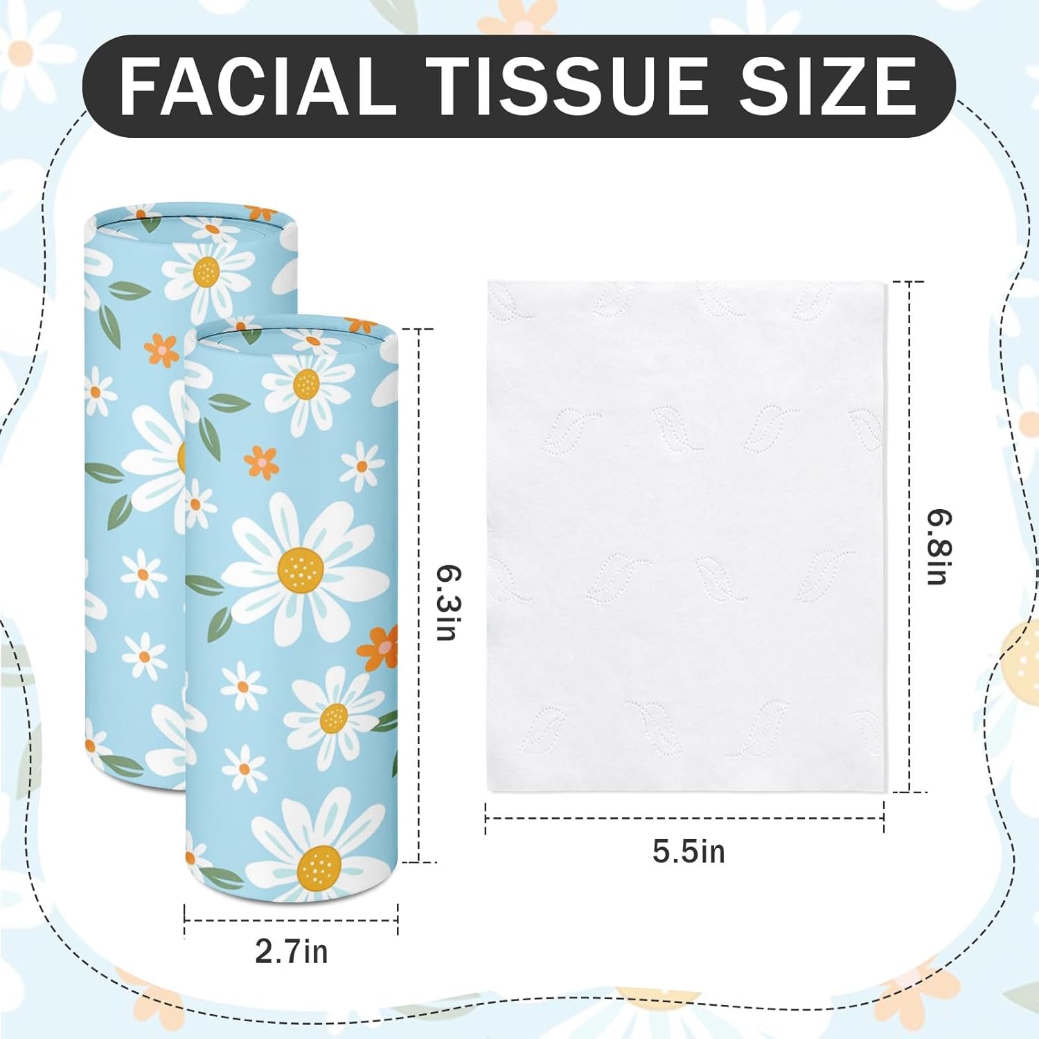Arttown Car Tissue Holder for Cup Holder,Facial Tissues Bulk 3-Ply,Refillable Daisy Flowers Blue & White Cylinder Tissue Boxes,Fit Car Home Office School,12 Pack (600 Sheets Total,50 Sheets Each)