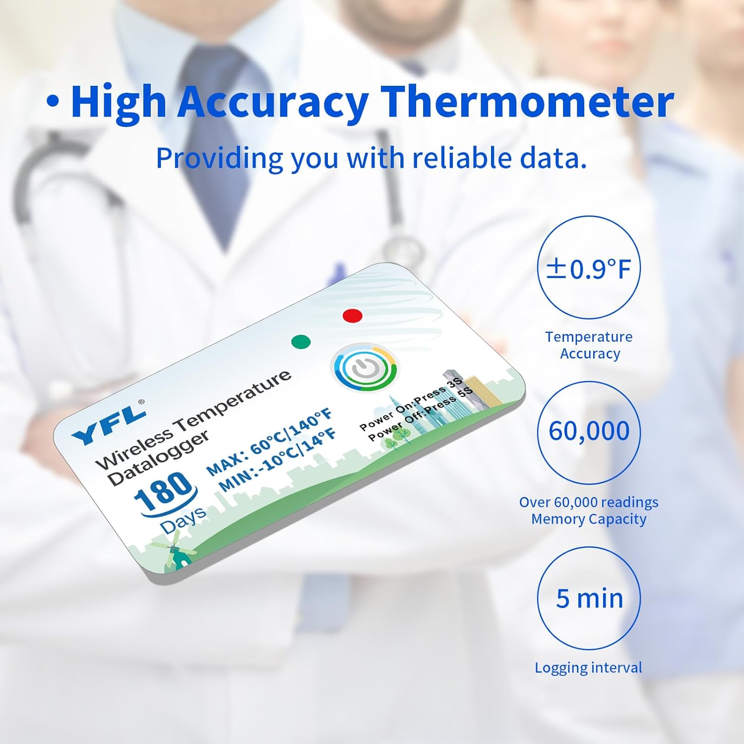 YFL Wireless Temperature Data Logger Reusable Temperature Sensor USB-Free Thermometer Recorder High Accuracy Thermometer with PDF Reports 180 Days Room Temperature Monitor Indoor Outdoor-10 Packs