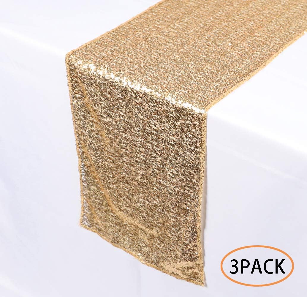 N&Y HOME 3 Pack Gold Sequin Table Runners 12 x 108 inch, Glitter Sequin Runner for Wedding, Birthday, Party, Baby Shower Decorations, Celebrations and Events